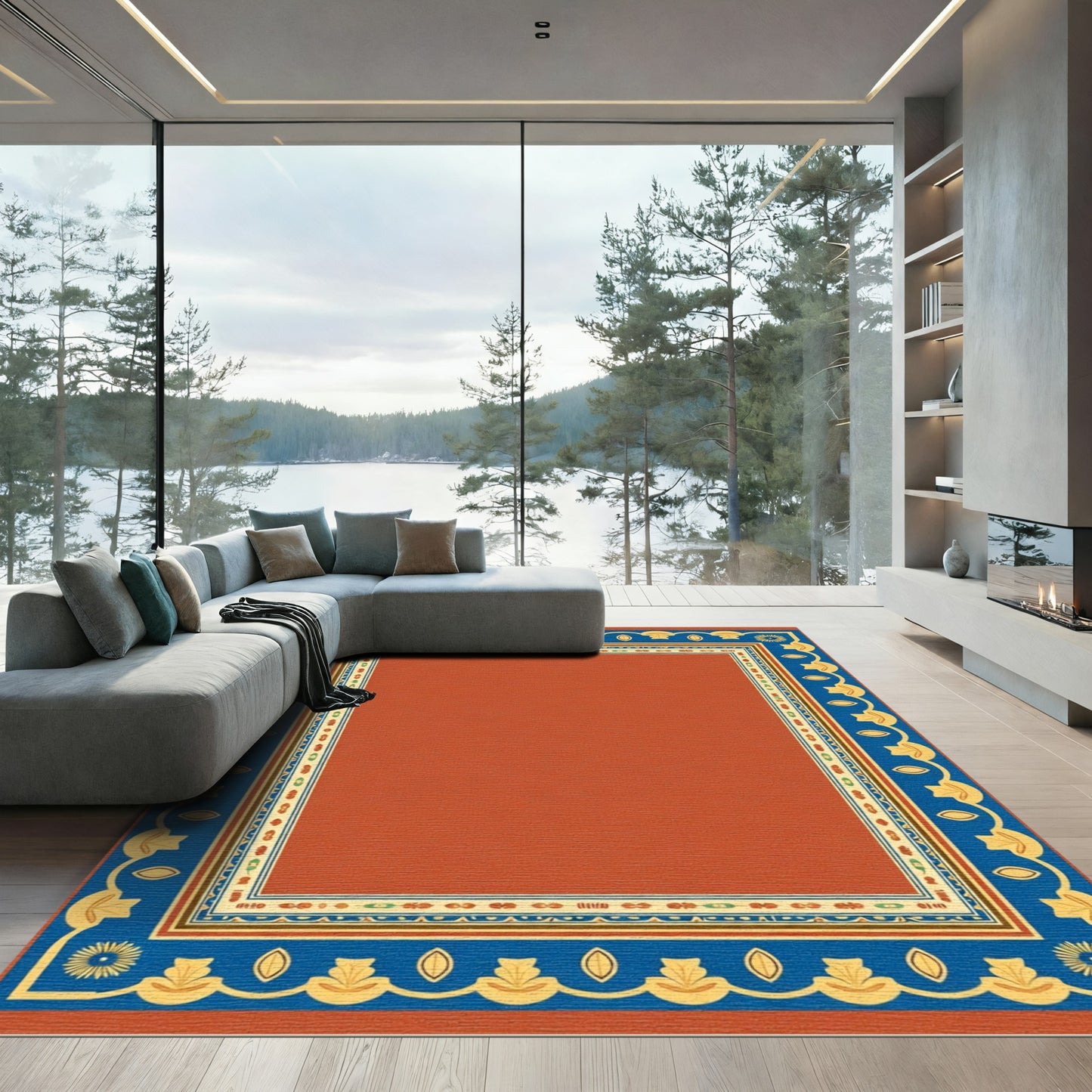 Terracotta Blue Yellow Geometric Floral Frame Rug