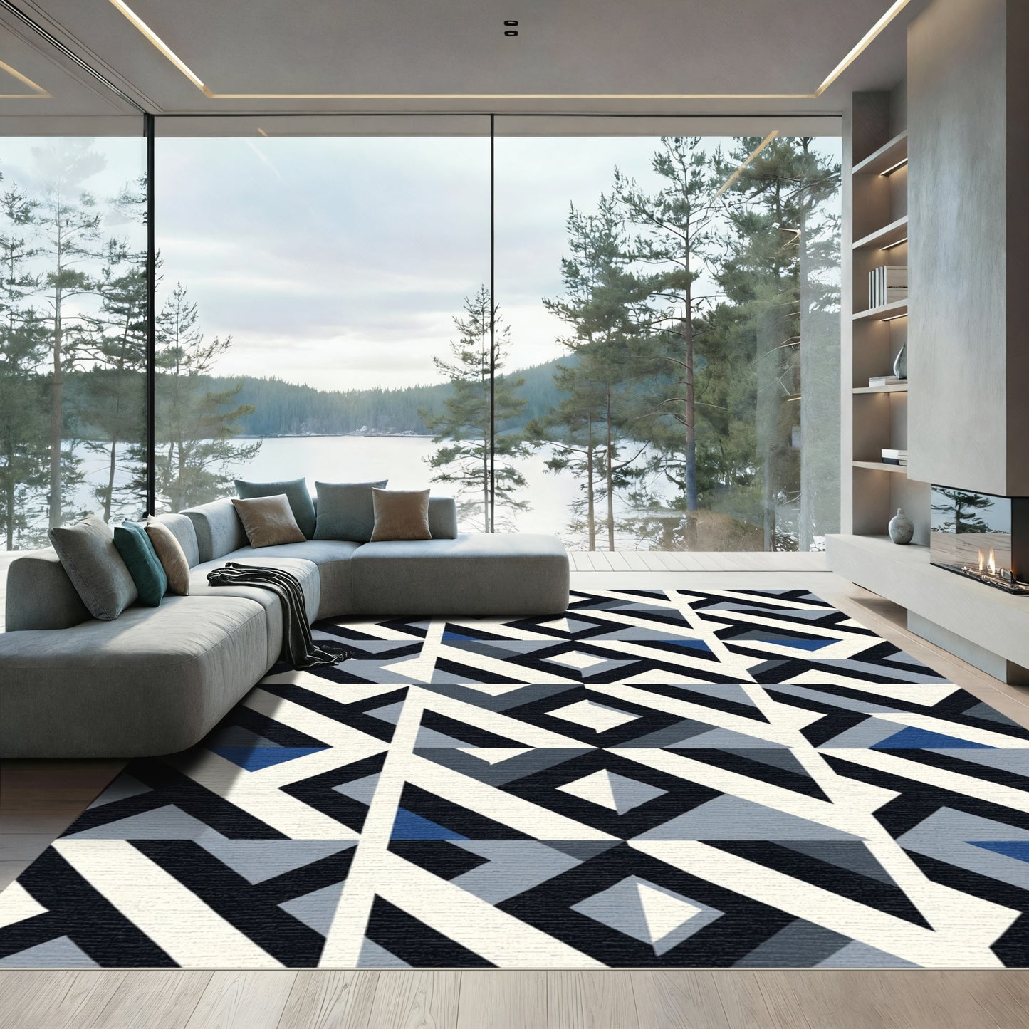 Abstract Geo Grid Dark Blue Rug
