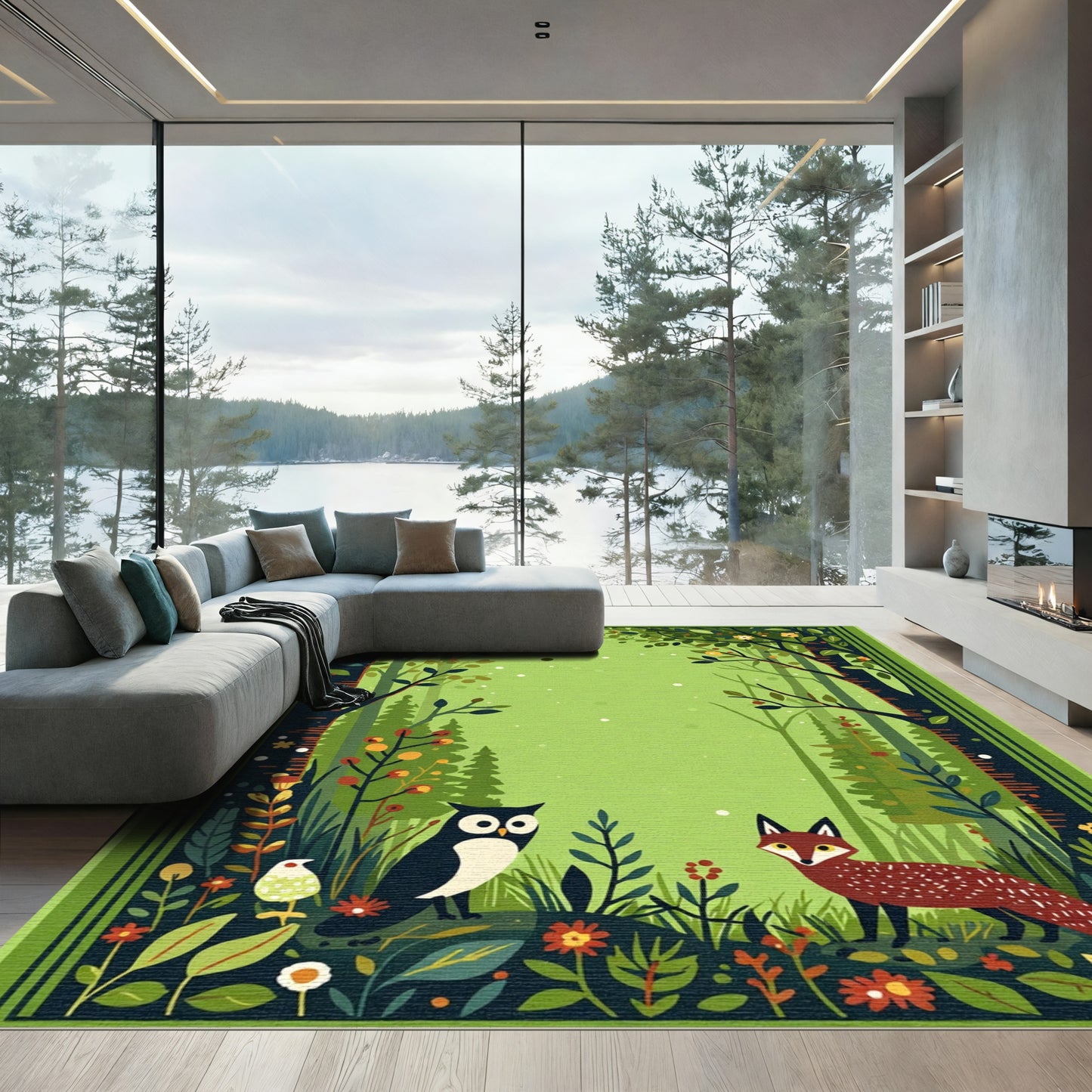 Enchanted Forest Owl Fox Woodland Scene Rug