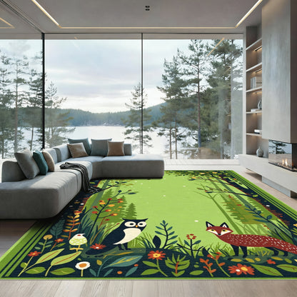 Enchanted Forest Owl Fox Woodland Scene Rug