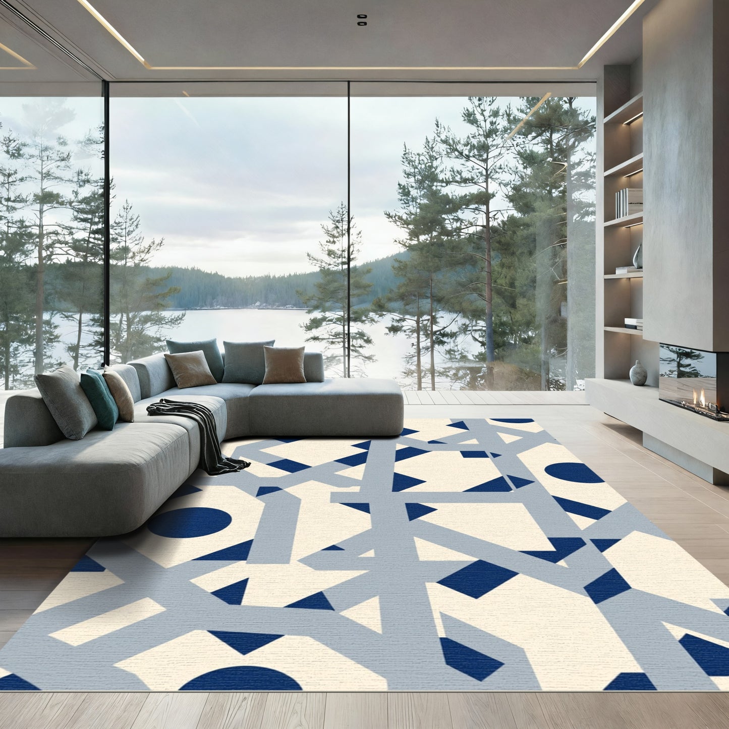 Cream Navy Geometric Interlocking Shapes Rug