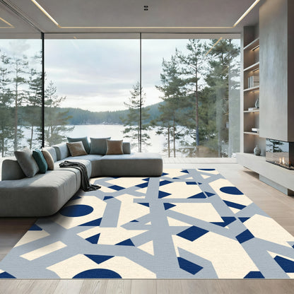 Cream Navy Geometric Interlocking Shapes Rug