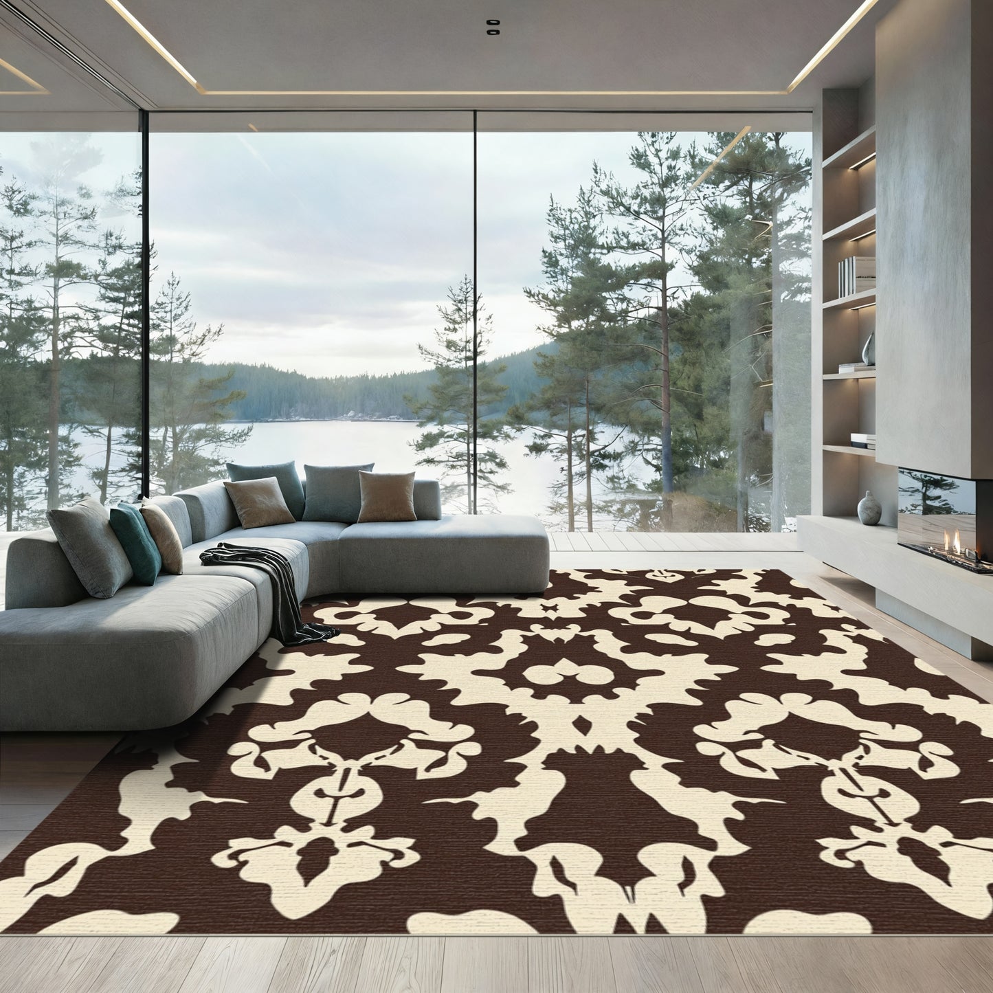 Classic Chocolate and Cream Damask Medallion Rug
