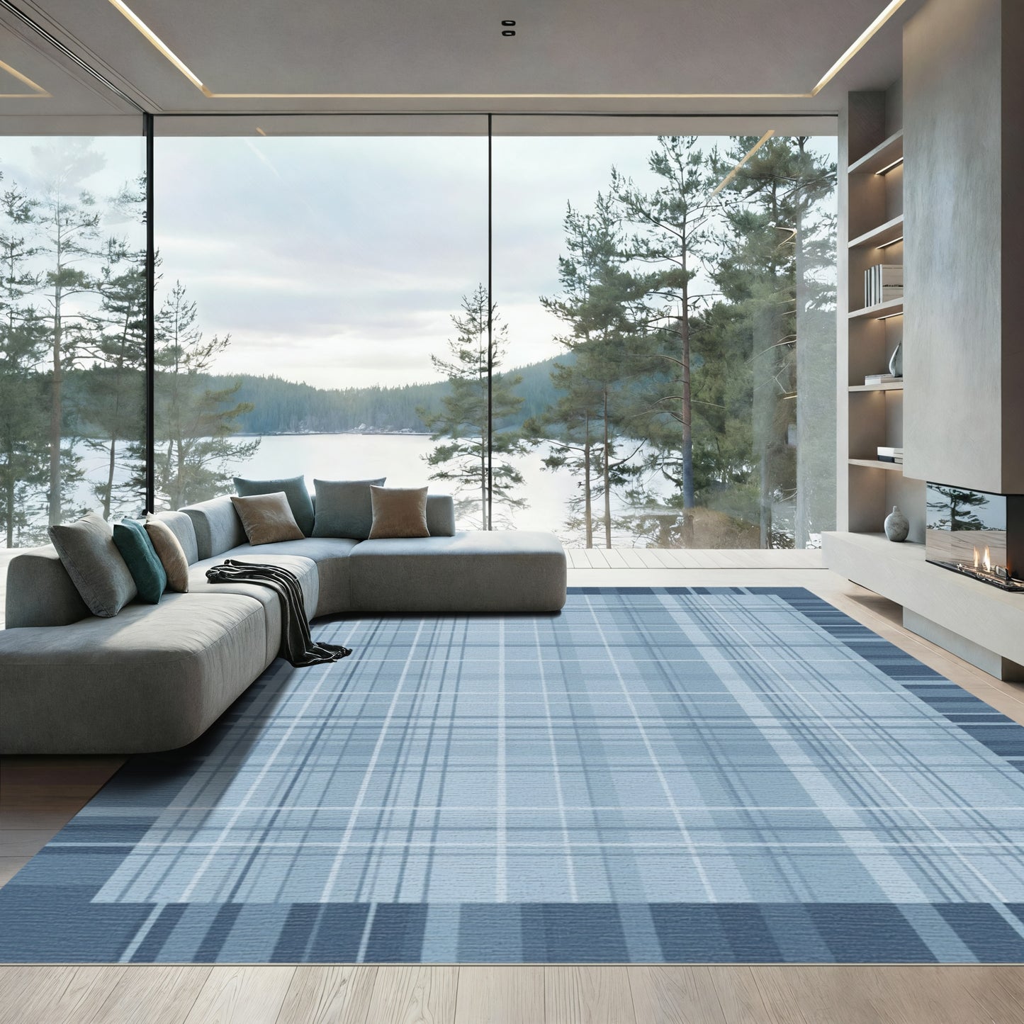 Classic Blue Plaid Border Rug