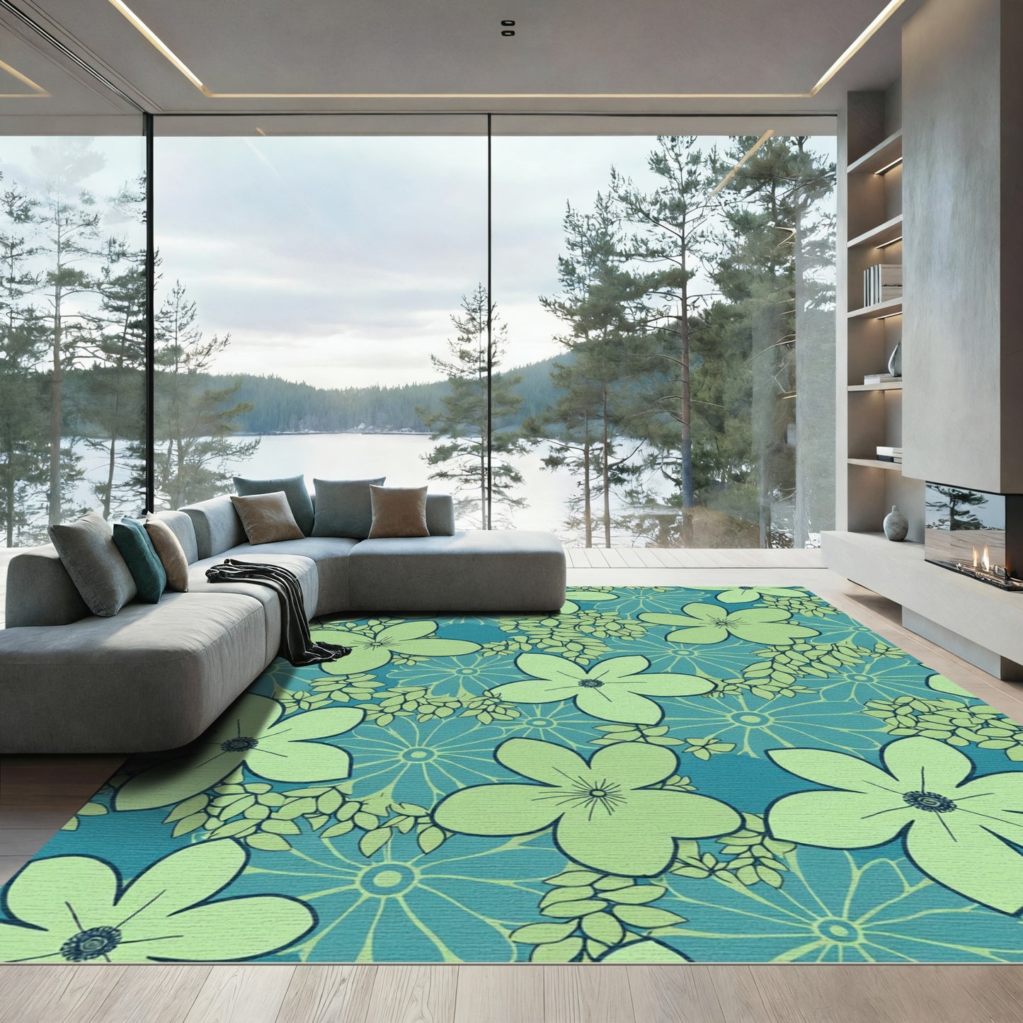 Aqua Teal Abstract Floral Spray Rug