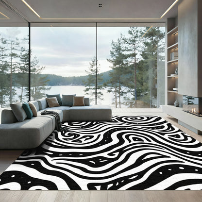 Abstract Black White Swirl Wave Rug