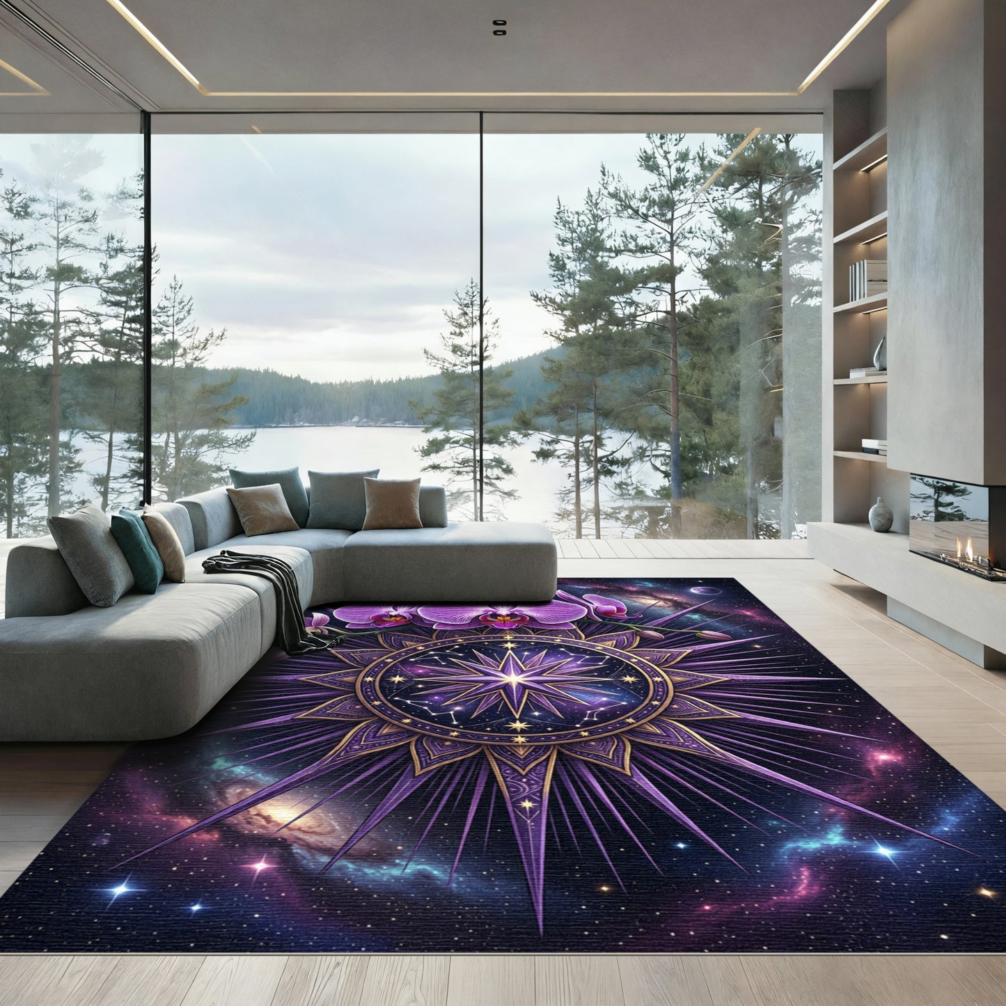 Cosmic Purple Orchid Celestial Mandala Rug