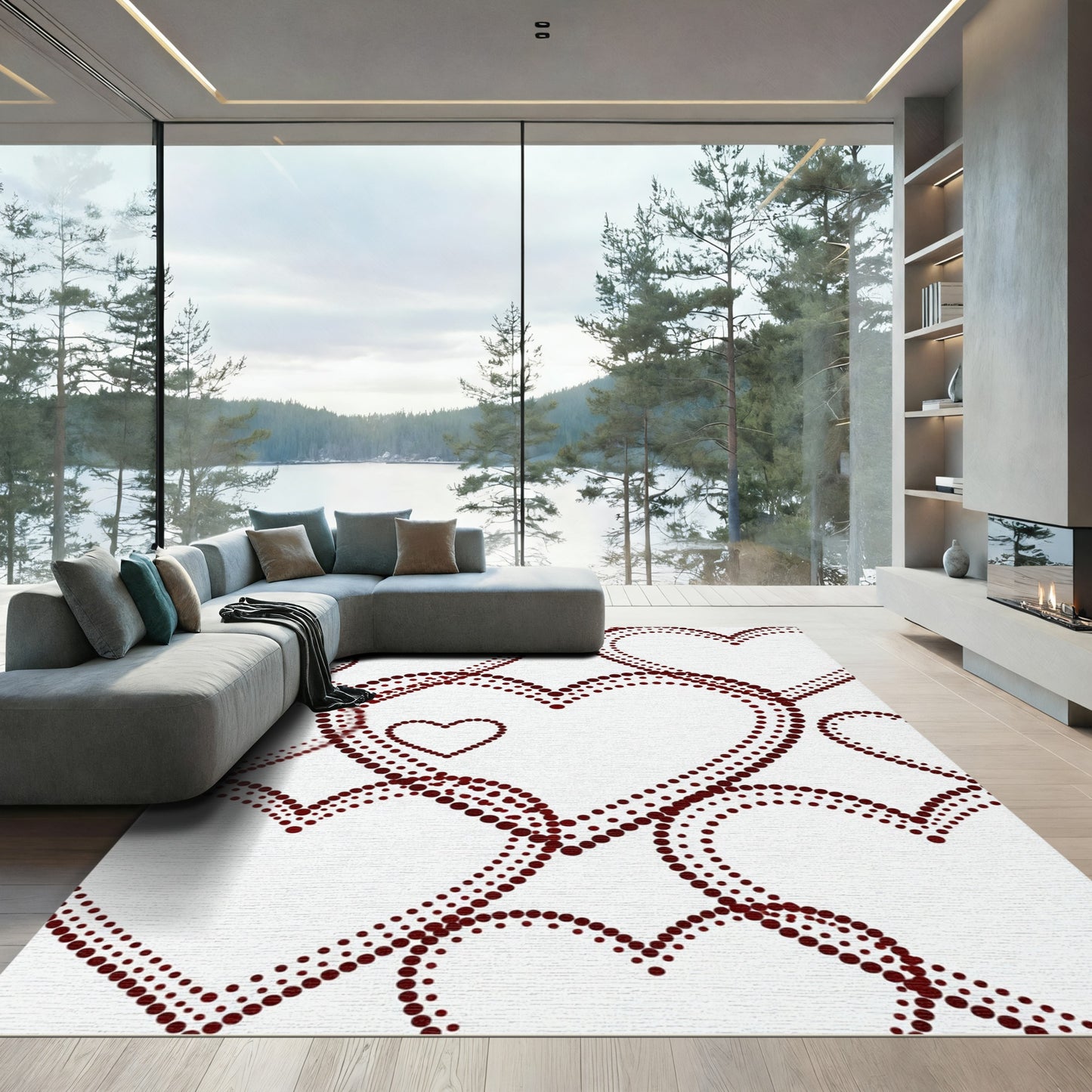 Deep Burgundy Dotted Heart Composition Rug