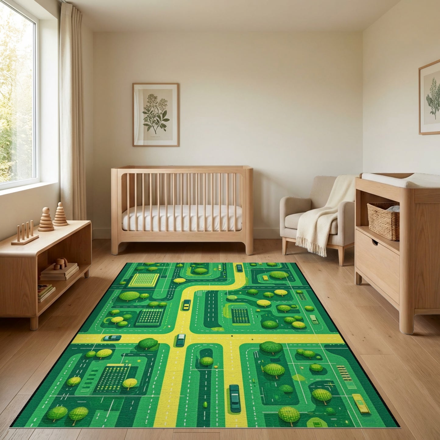Vibrant Green City Roads Trees Rug
