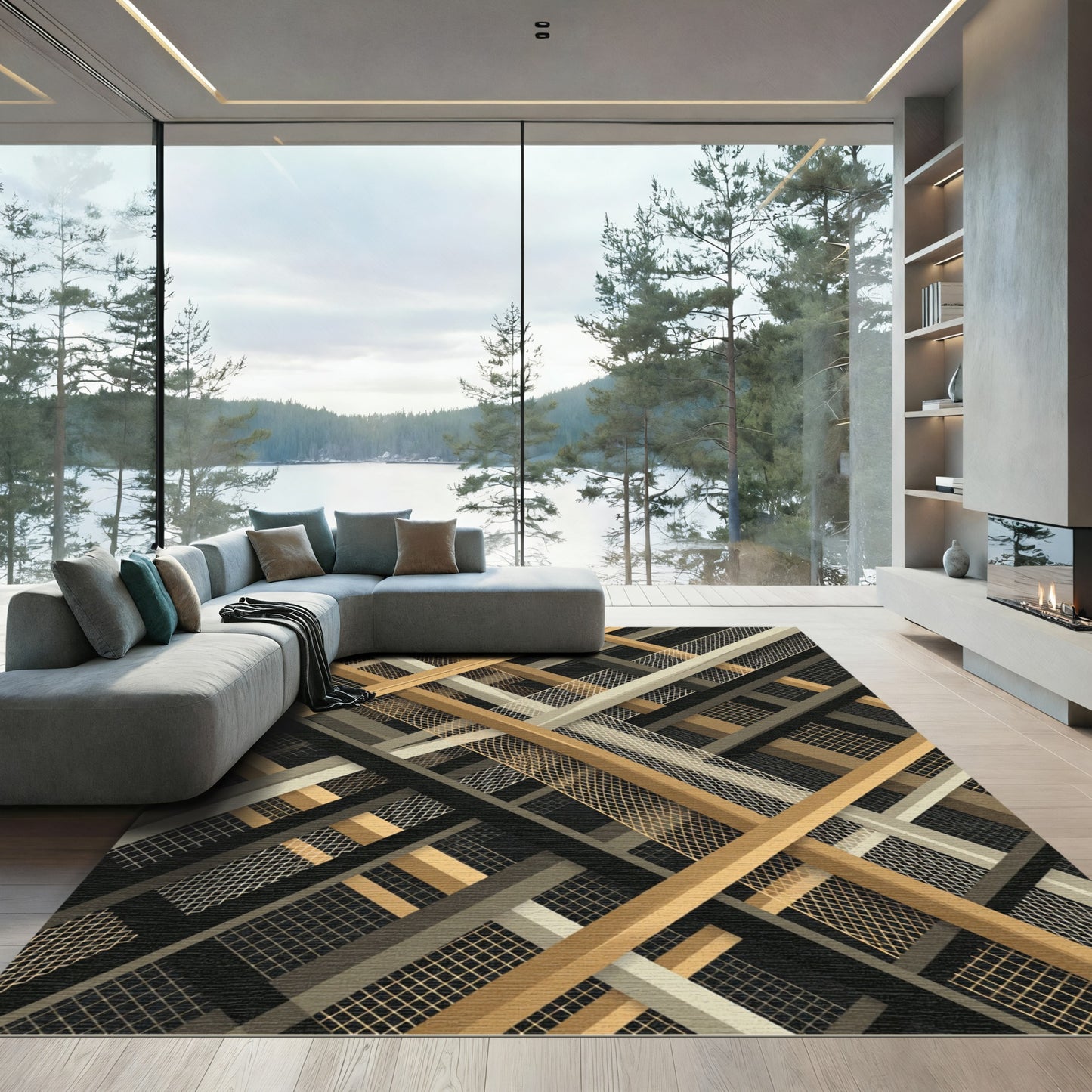 Gold Beige Gray Intersecting Lines Rug