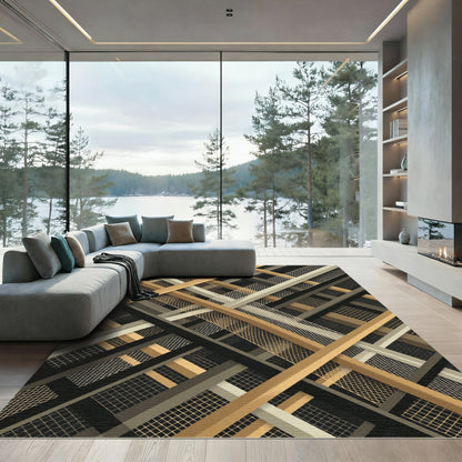 Gold Beige Gray Intersecting Lines Rug