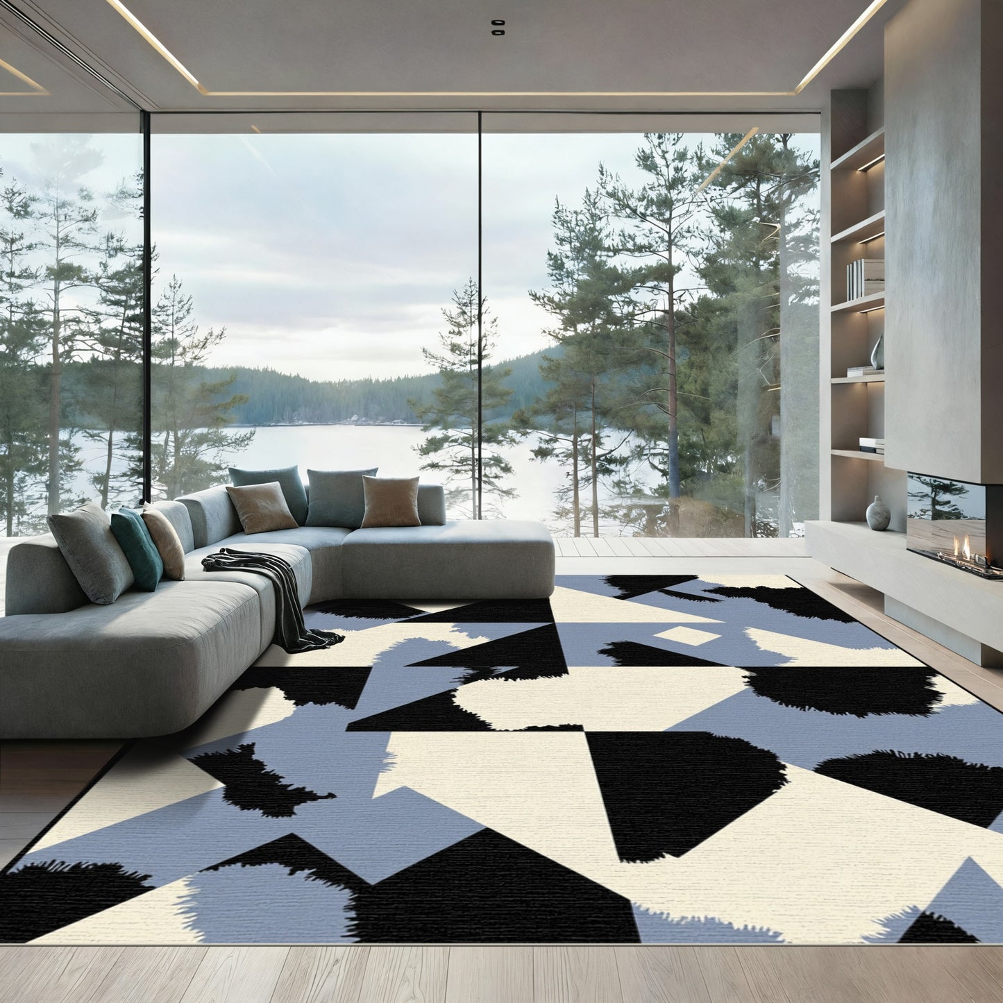 Geometric Slate Blue Abstract Shapes Rug