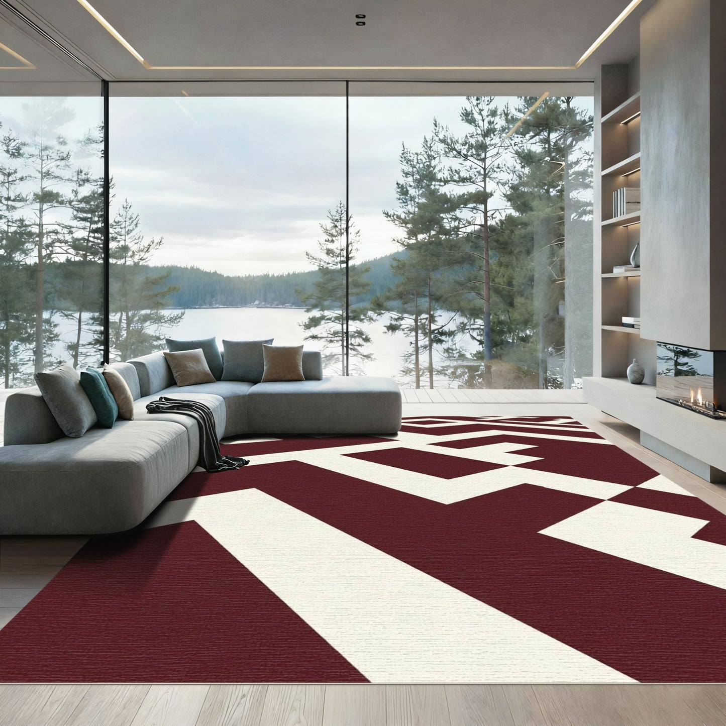 Deep Red Cream Geometric Maze Rug