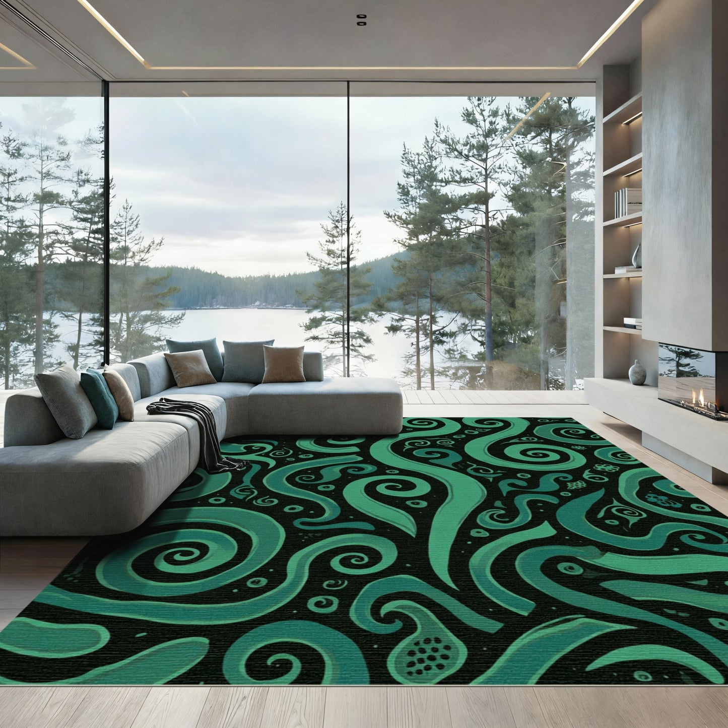 Deep Teal Swirls on Black Background Rug