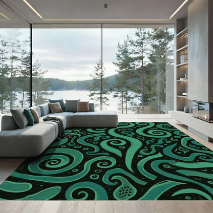 Deep Teal Swirls on Black Background Rug