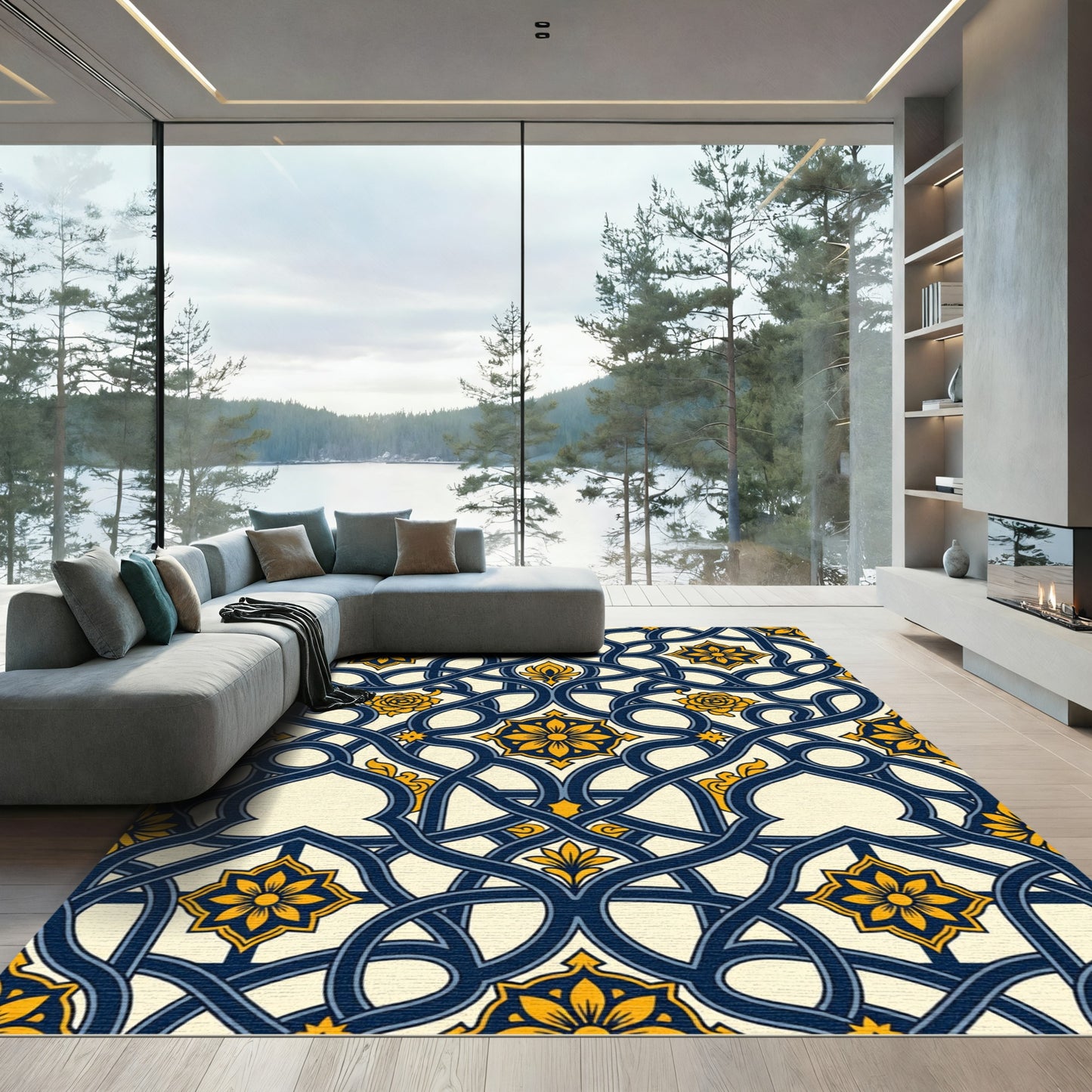 Navy Blue Golden Floral Interlocking Scroll Rug