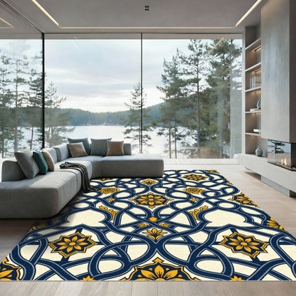 Navy Blue Golden Floral Interlocking Scroll Rug