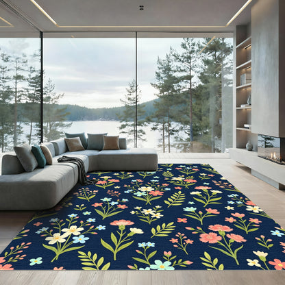 Navy Blue Floral Blossom Scatter Rug