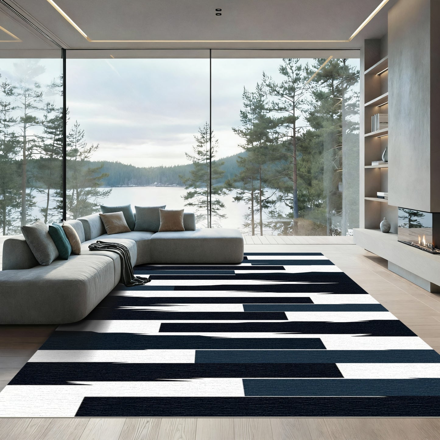 Modern Navy Black Layered Striped Composition Rug