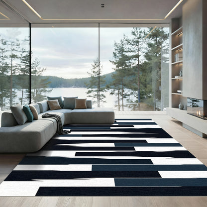 Modern Navy Black Layered Striped Composition Rug