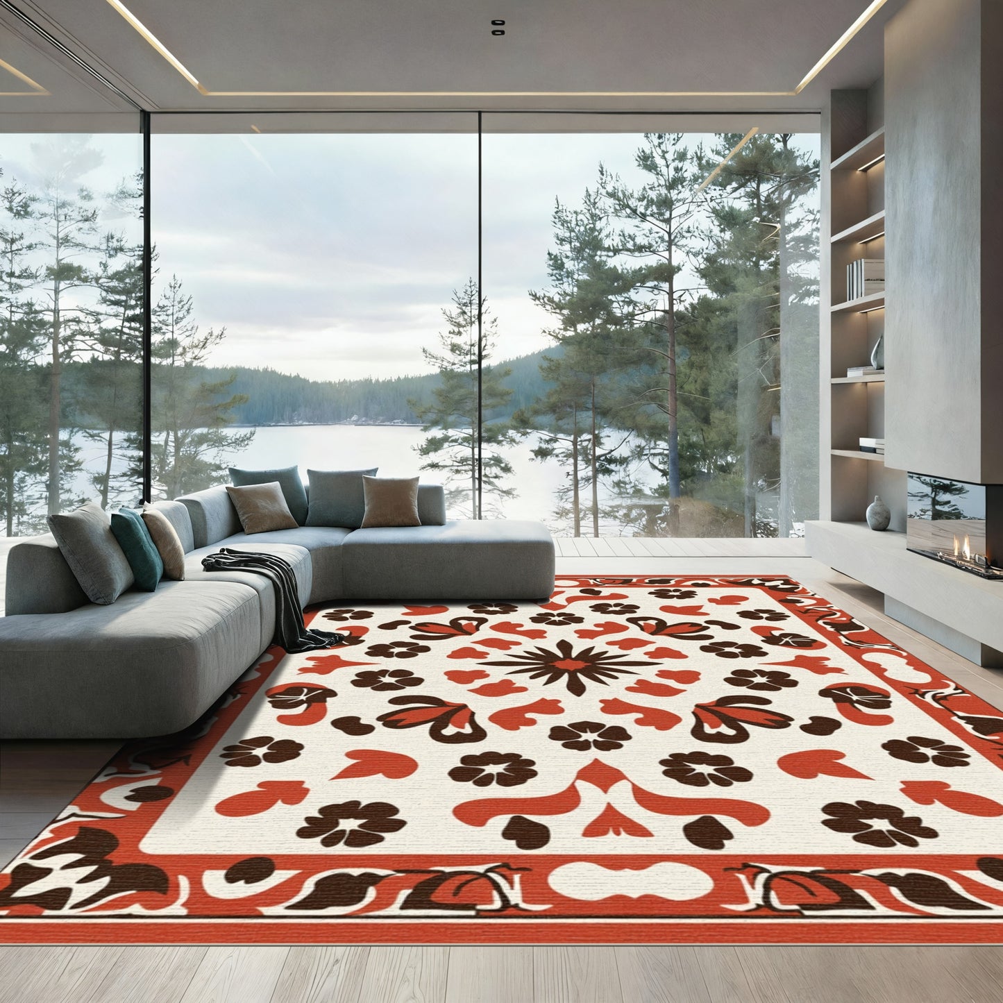 Terracotta Floral Medallion Border Rug