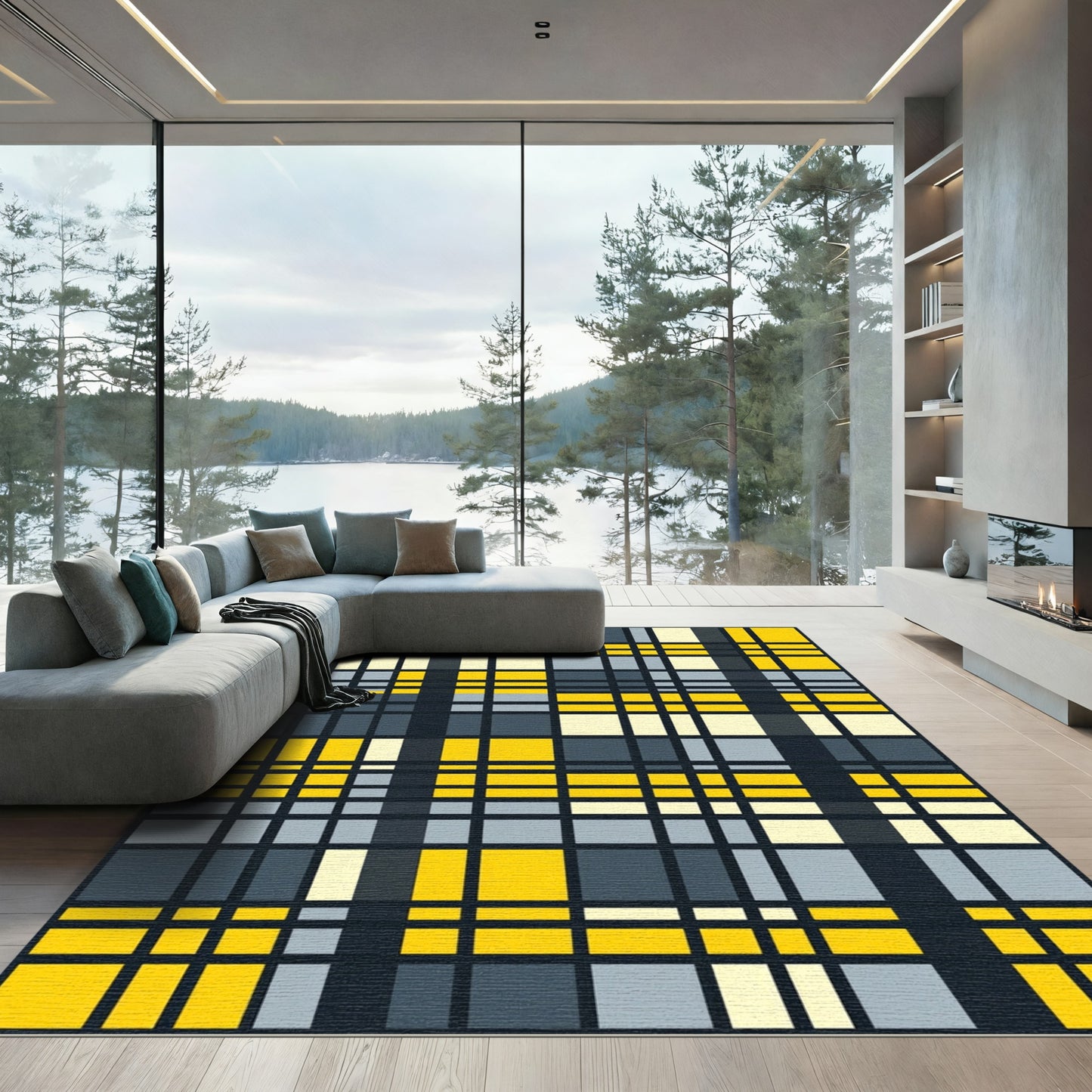 Bold Yellow And Gray Plaid Grid Rug