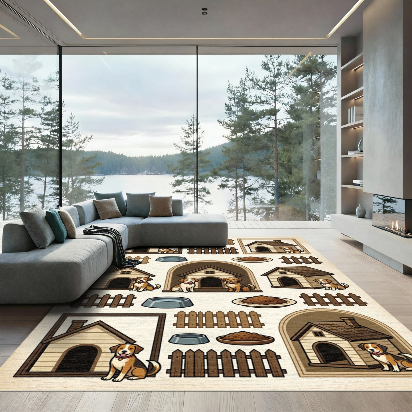 Playful Beige Brown Puppy Dog Kennel Rug