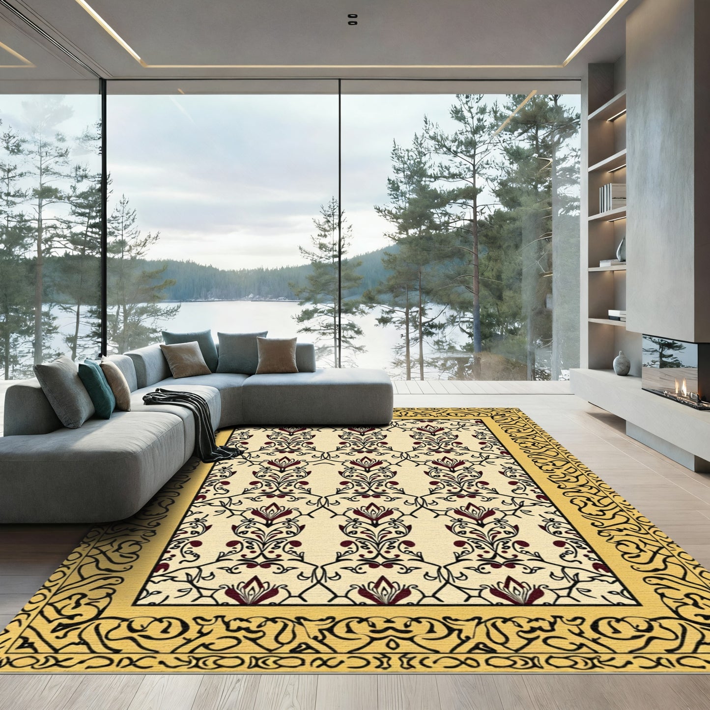 Rich Burgundy Floral Filigree Border Rug