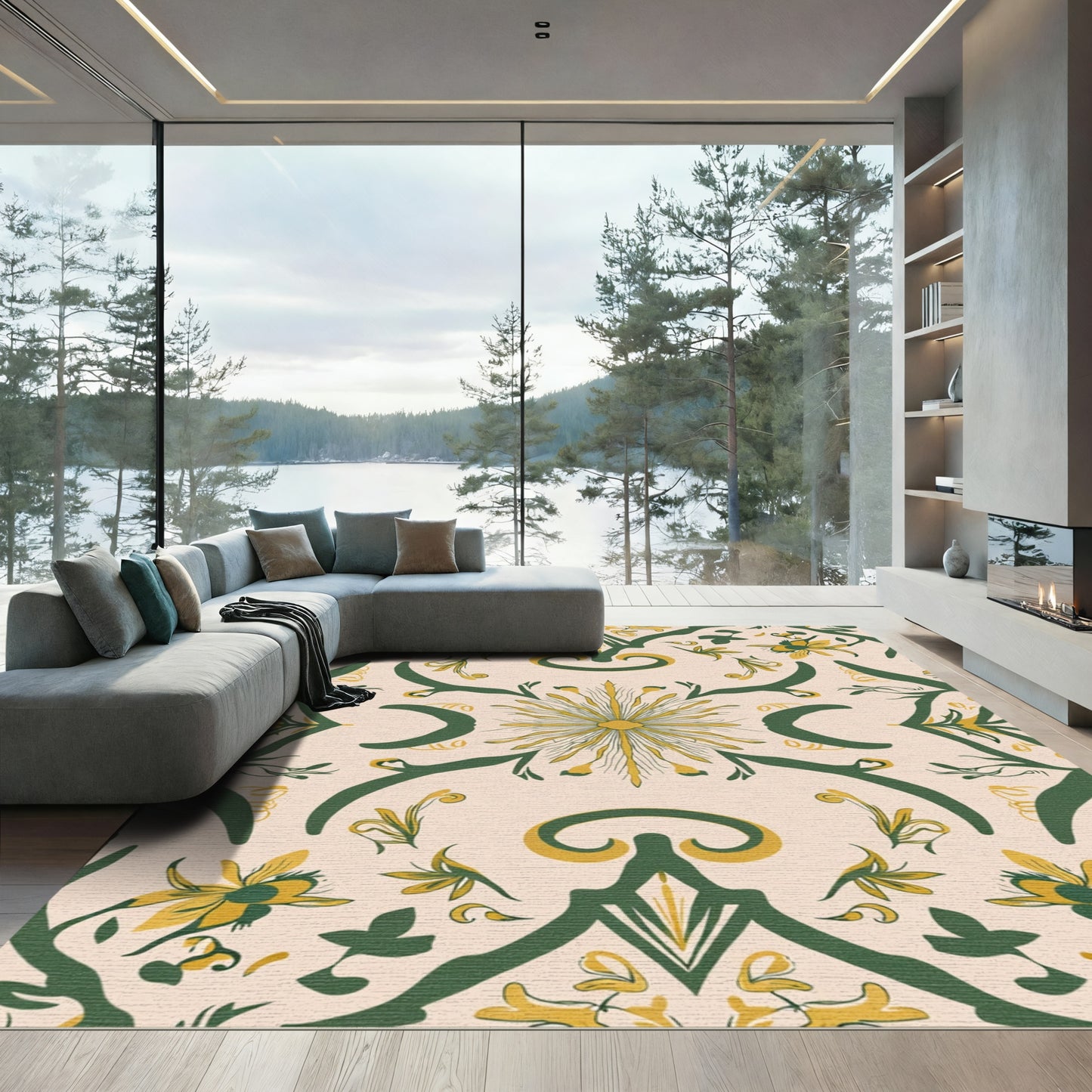 Green Yellow Floral Symmetry Rug