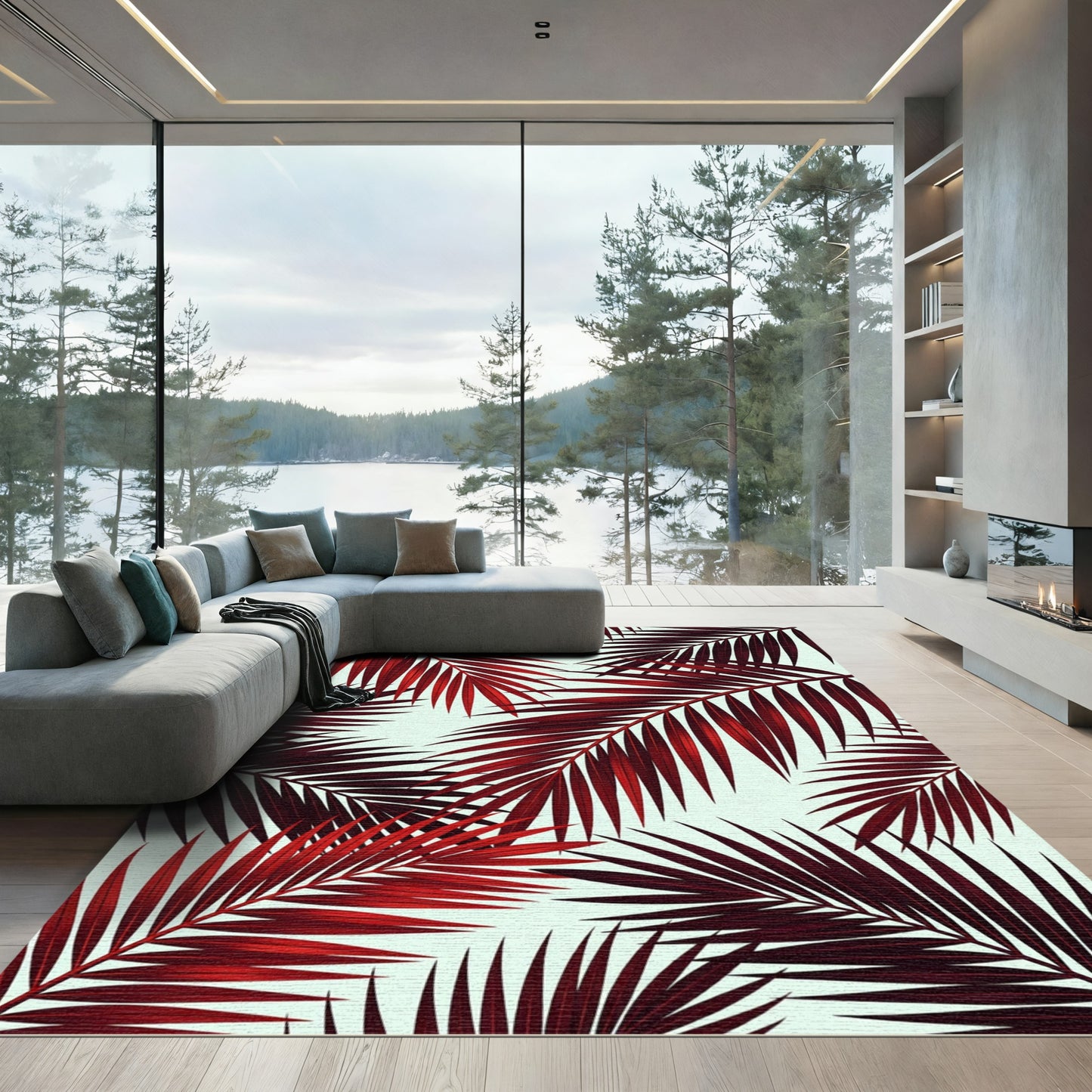Deep Red Tropical Palm Fronds Rug