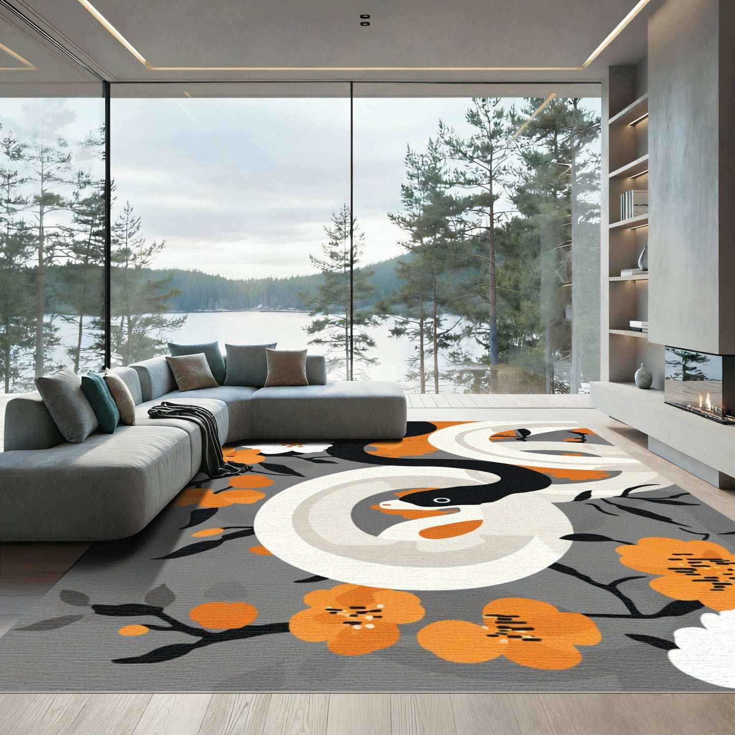 Black White Snake Orange Blossom Garden Rug