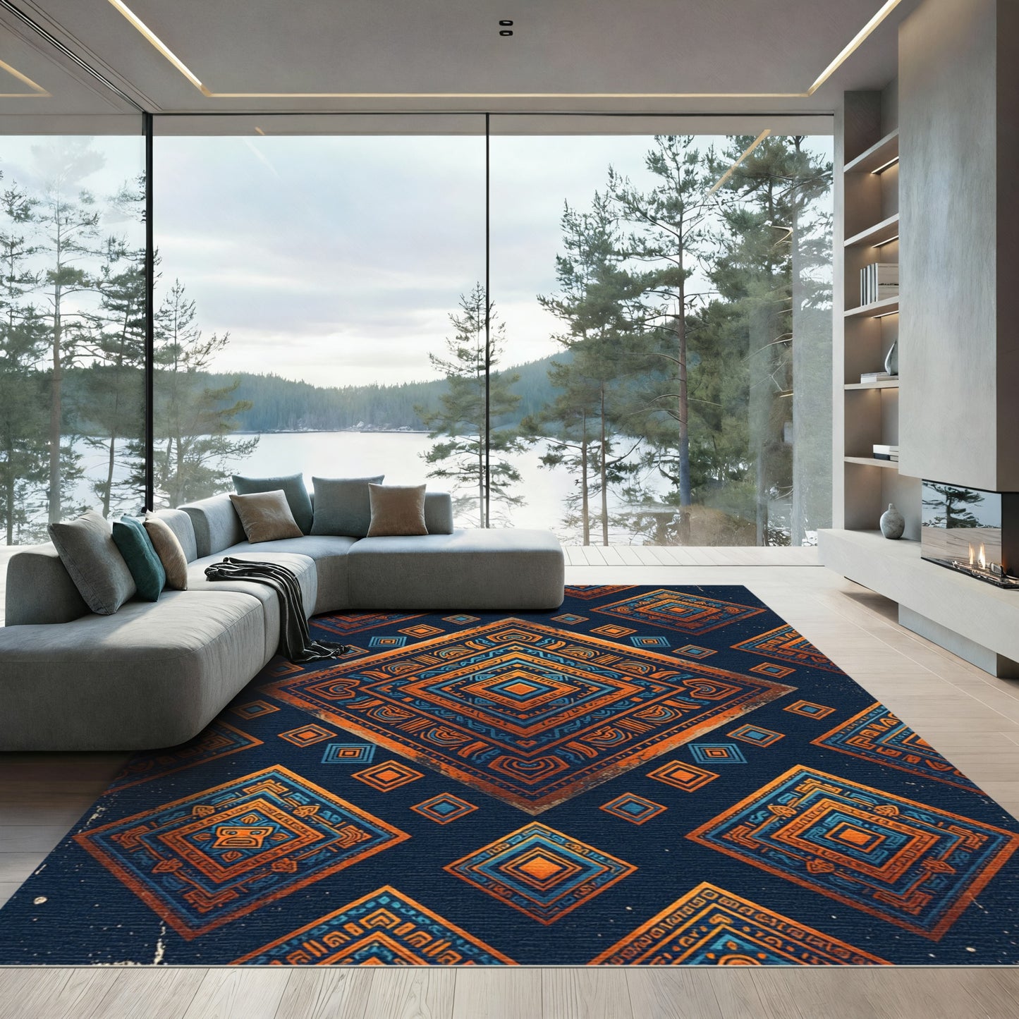 Aztec Blue Orange Geometric Diamond Rug