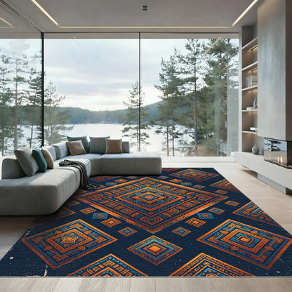 Aztec Blue Orange Geometric Diamond Rug