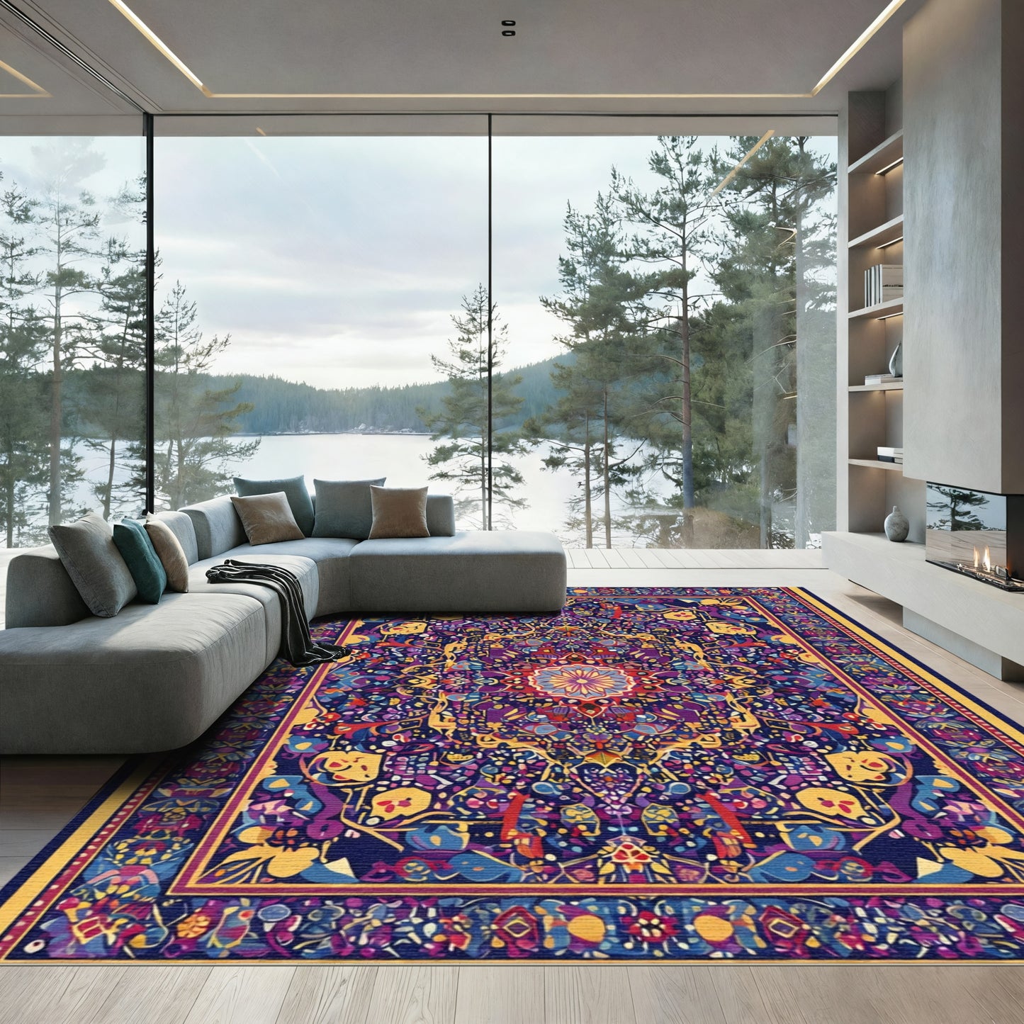 Ornate Purple and Yellow Intricate Medallion Rug