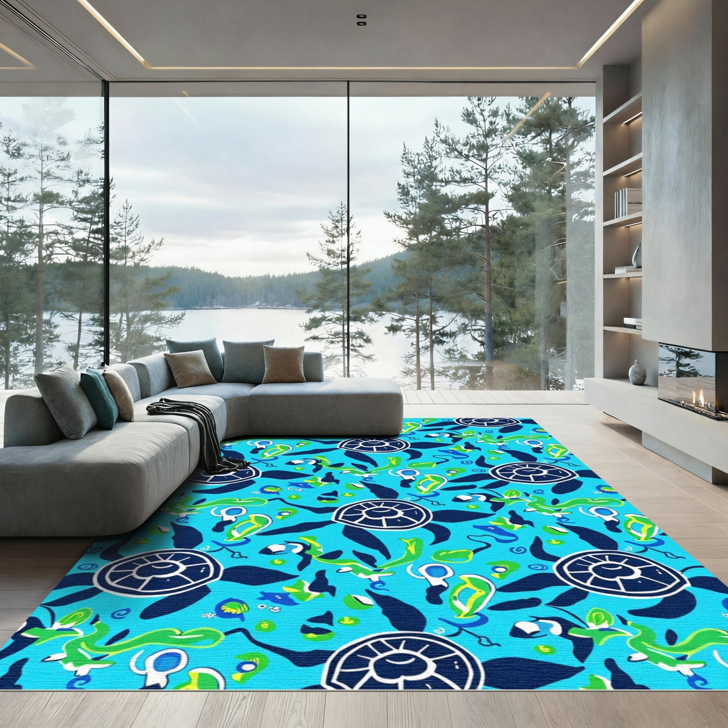 Bright Blue Sea Turtle Aquatic Collage Rug