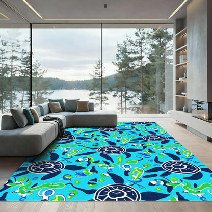 Bright Blue Sea Turtle Aquatic Collage Rug