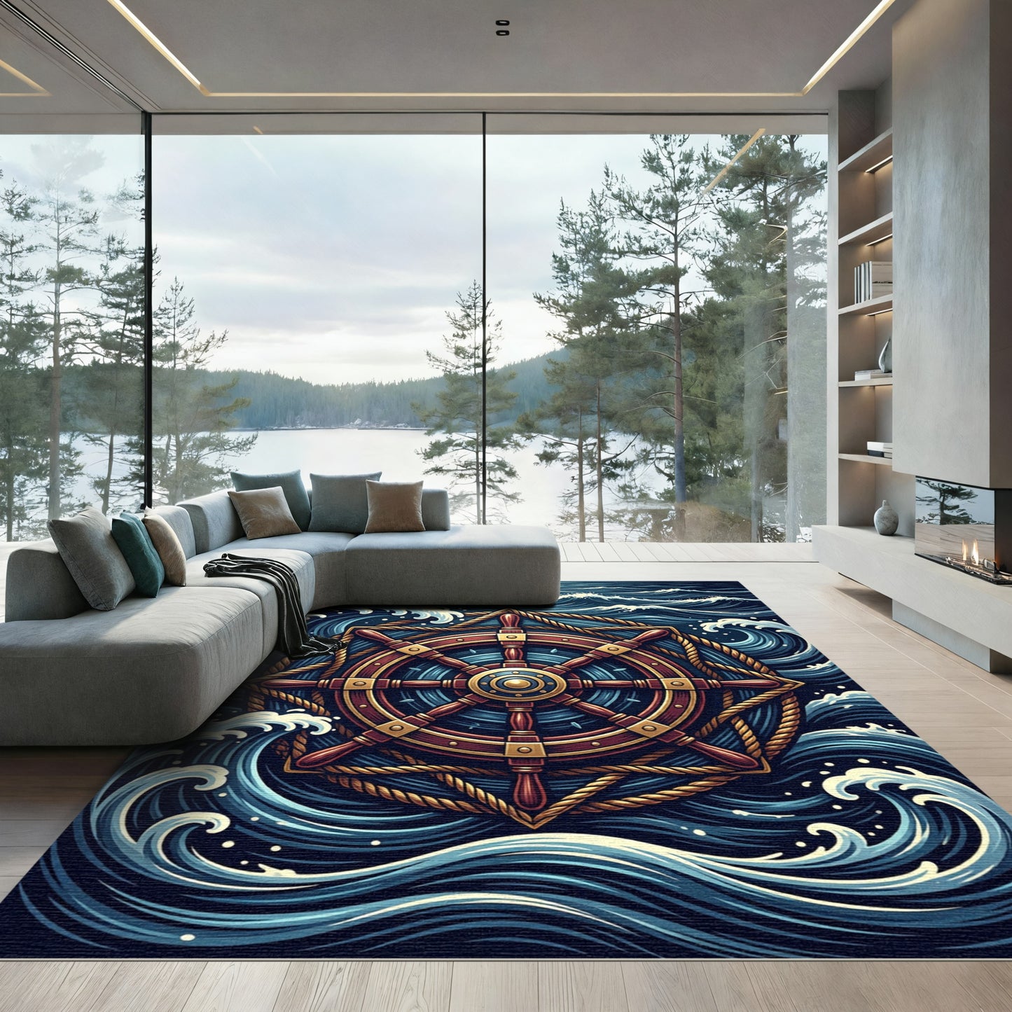 Nautical Ship Wheel Sea Wave Rug
