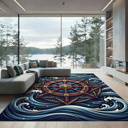 Nautical Ship Wheel Sea Wave Rug