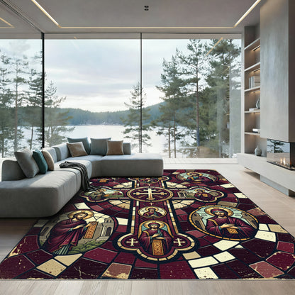 Stained Glass Burgundy Iconic Cross Rug
