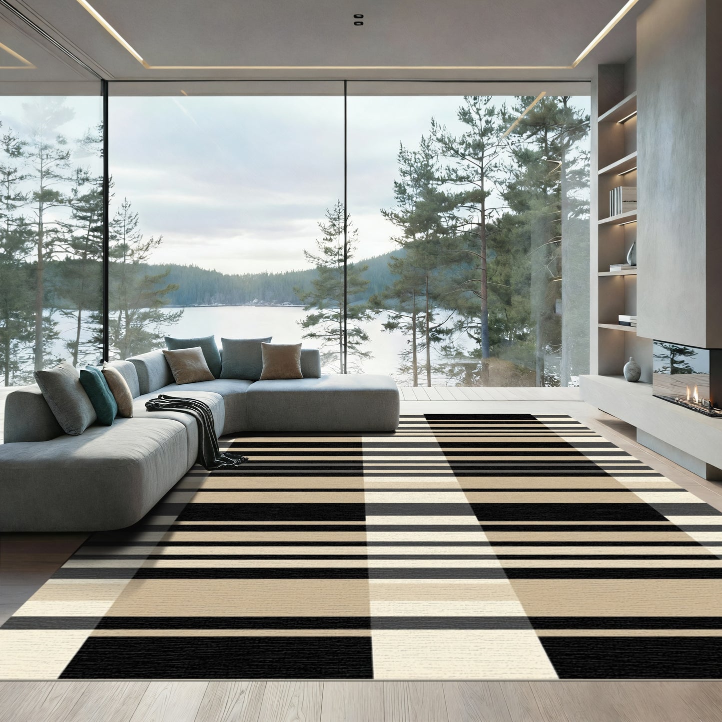 Classic Plaid Beige Black Stripe Rug