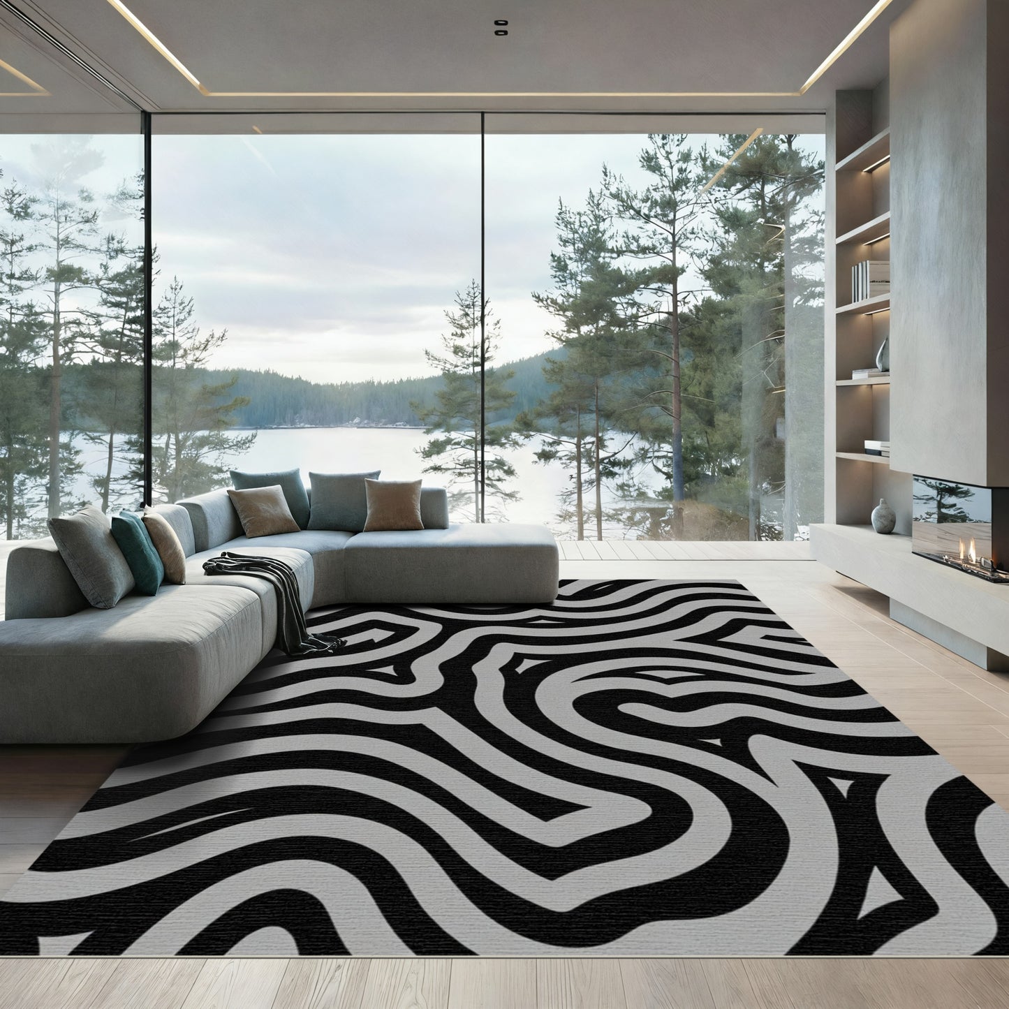 Monochrome Wavy Intertwined Lines Rug