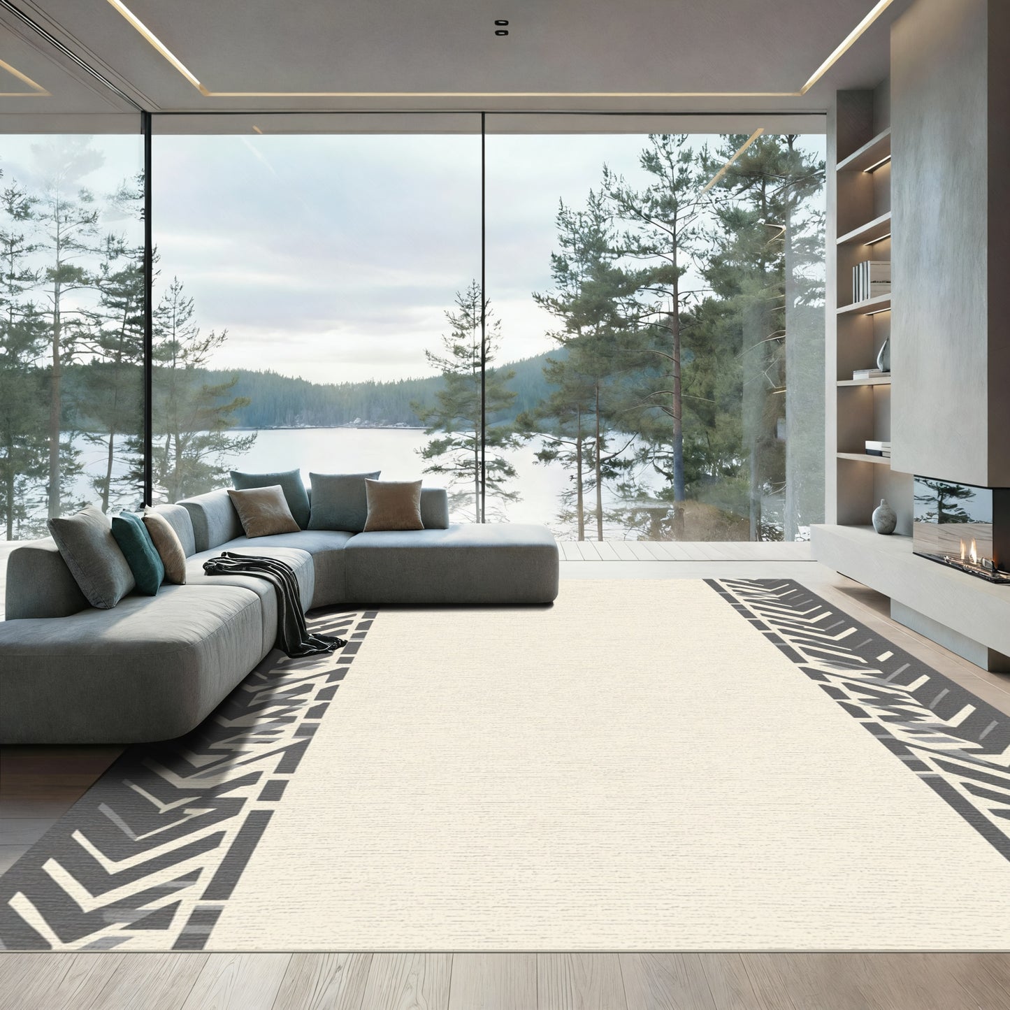 Modern Gray Chevron Border Rug