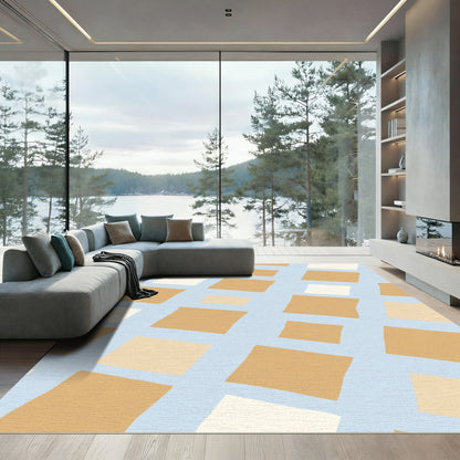 Tan Square Checkerboard Light Blue Rug