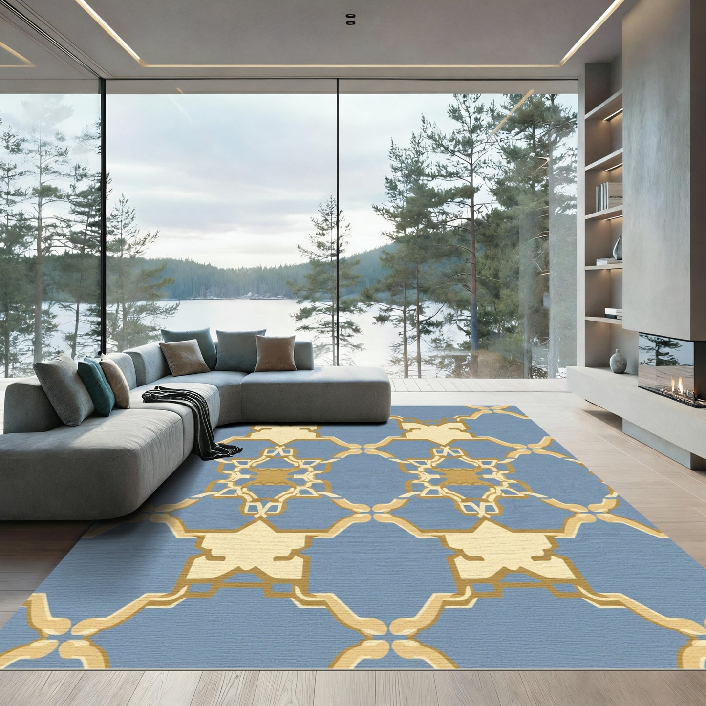 Blue Gold Intricate Geometric Lattice Rug