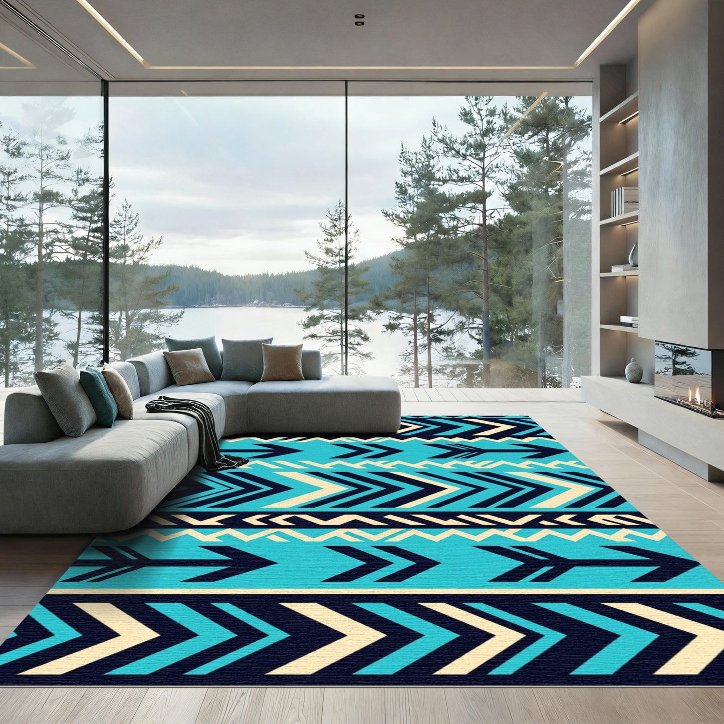 Geometric Teal Chevron Arrow Striped Rug