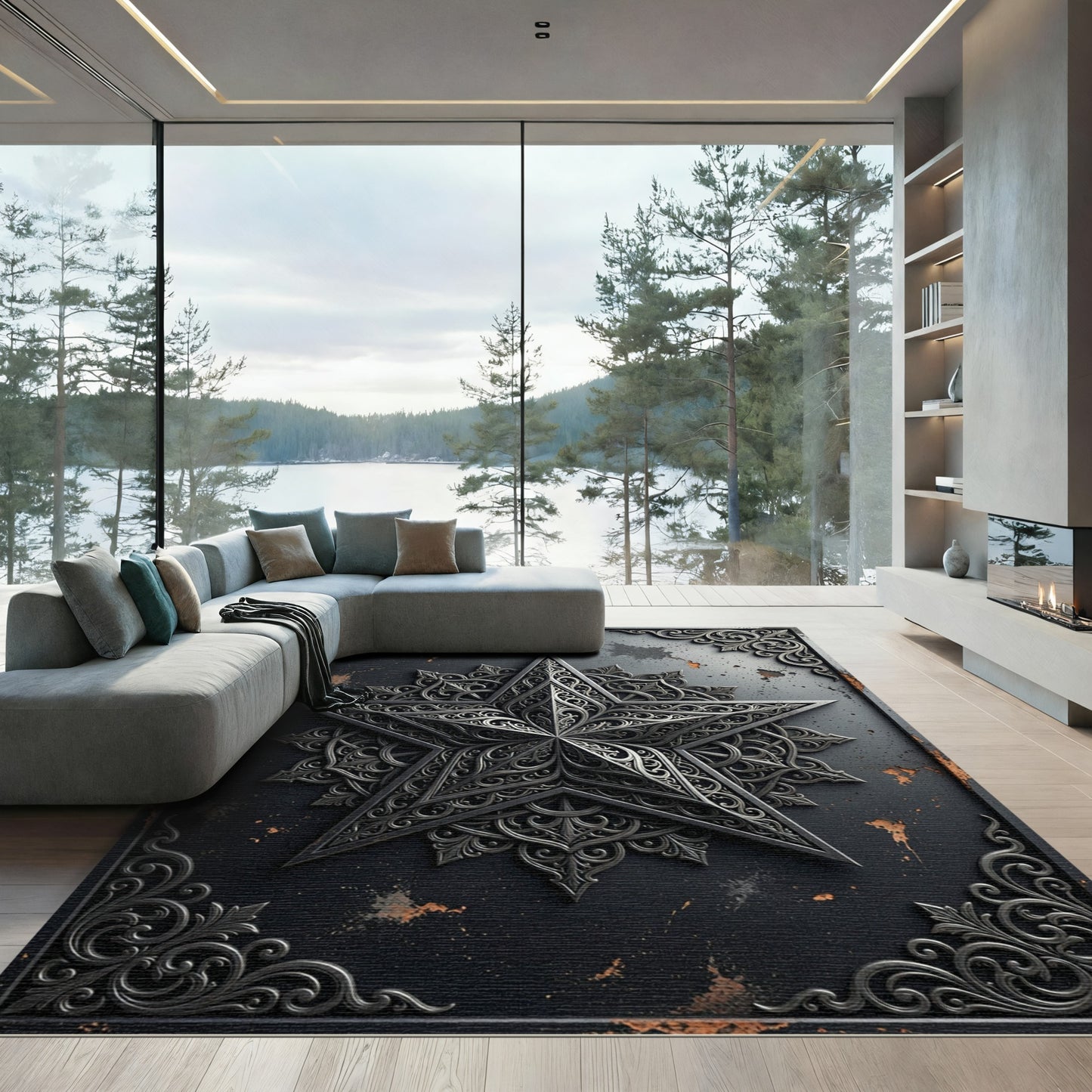 Intricate Black Steel Star With Filigree Swirls Rug
