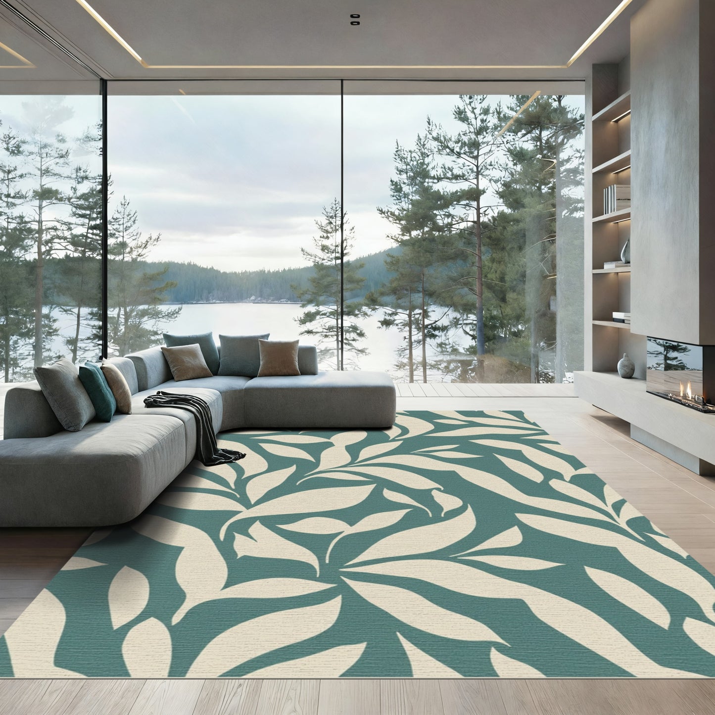 Deep Teal Cream Leafy Vine Rug