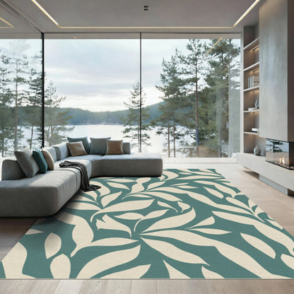 Deep Teal Cream Leafy Vine Rug