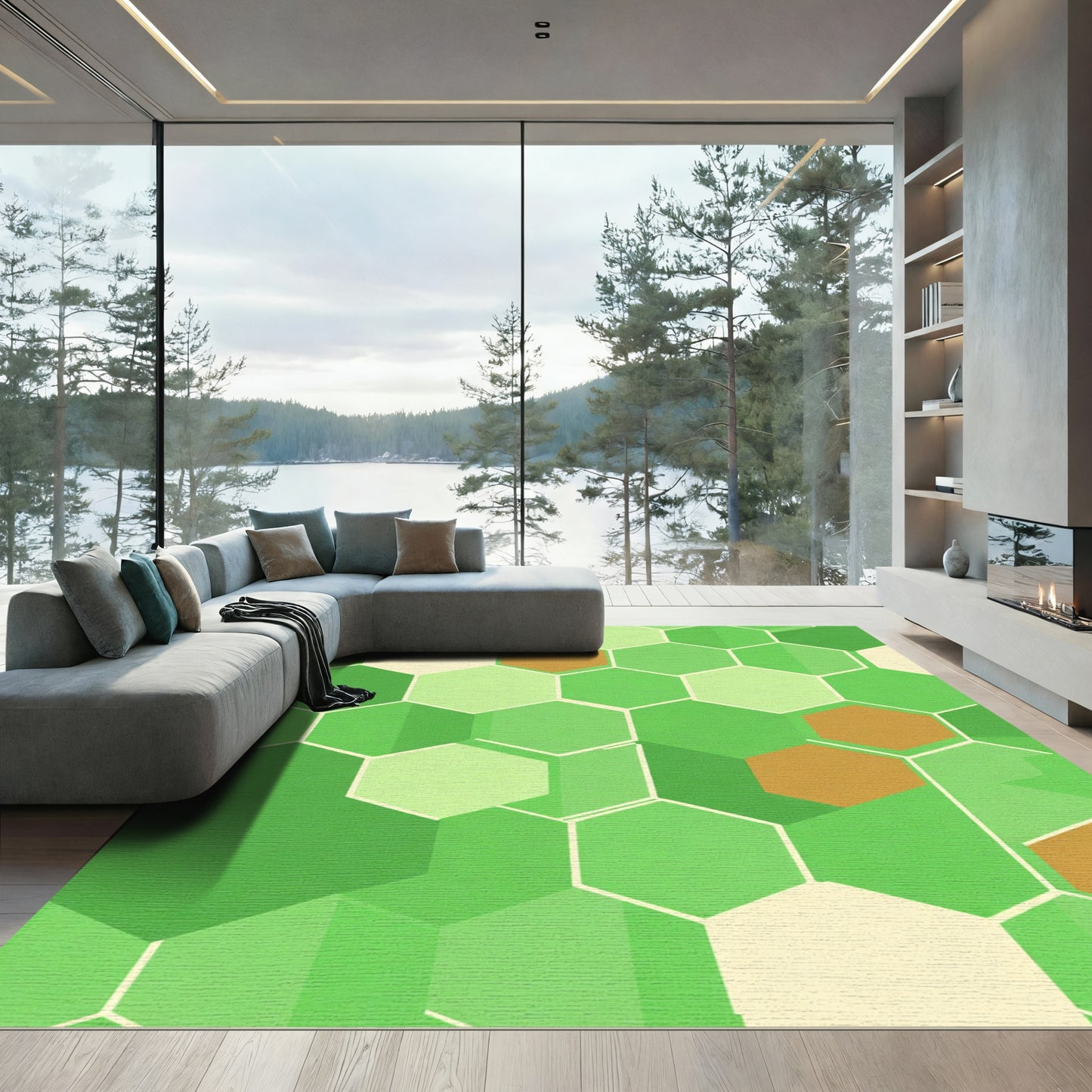 Green Beige Hexagon Gradient Rug