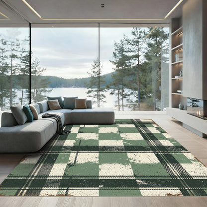 Distressed Sage Green Plaid Checkered Rug